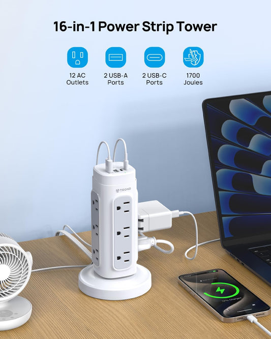 TROND Tower Power Bar Surge Protector with PD 20W USB C, 5ft Retractable Flat Plug Extension Cord Indoor, 12 Widely Spaced Outlets, Vertical Charging Station, Home Office Dorm Room Essentials, White