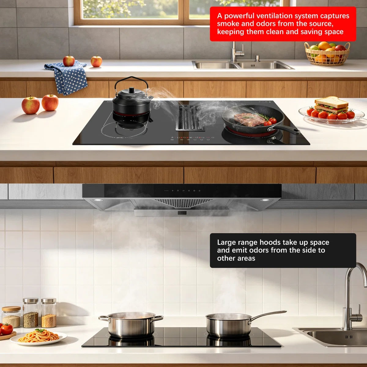 Karinear 4 Burner Electric Cooktop with Ventilation System , 36 inch Downdraft Electric Stove Top , Downdraft Extractor Control, 7400W High Power , 240V No Plug WY-90135A-D474124-END