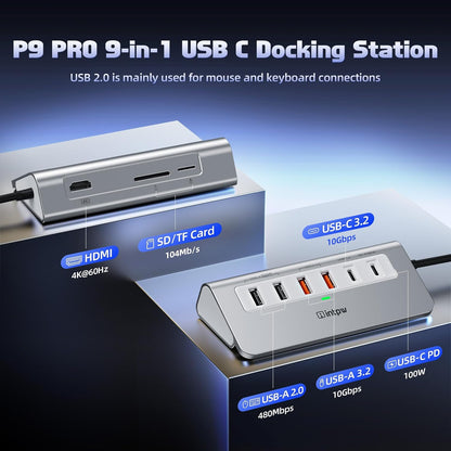 P9 PRO USB C Hub 9-in-1 Docking Station – 10Gbps USB-C Hub with 4K@60Hz HDMI – USB-C & USB-A 3.2 – Dual USB-A 2.0 – 100W PD Charging – SD/TF Card Reader - PuriLite