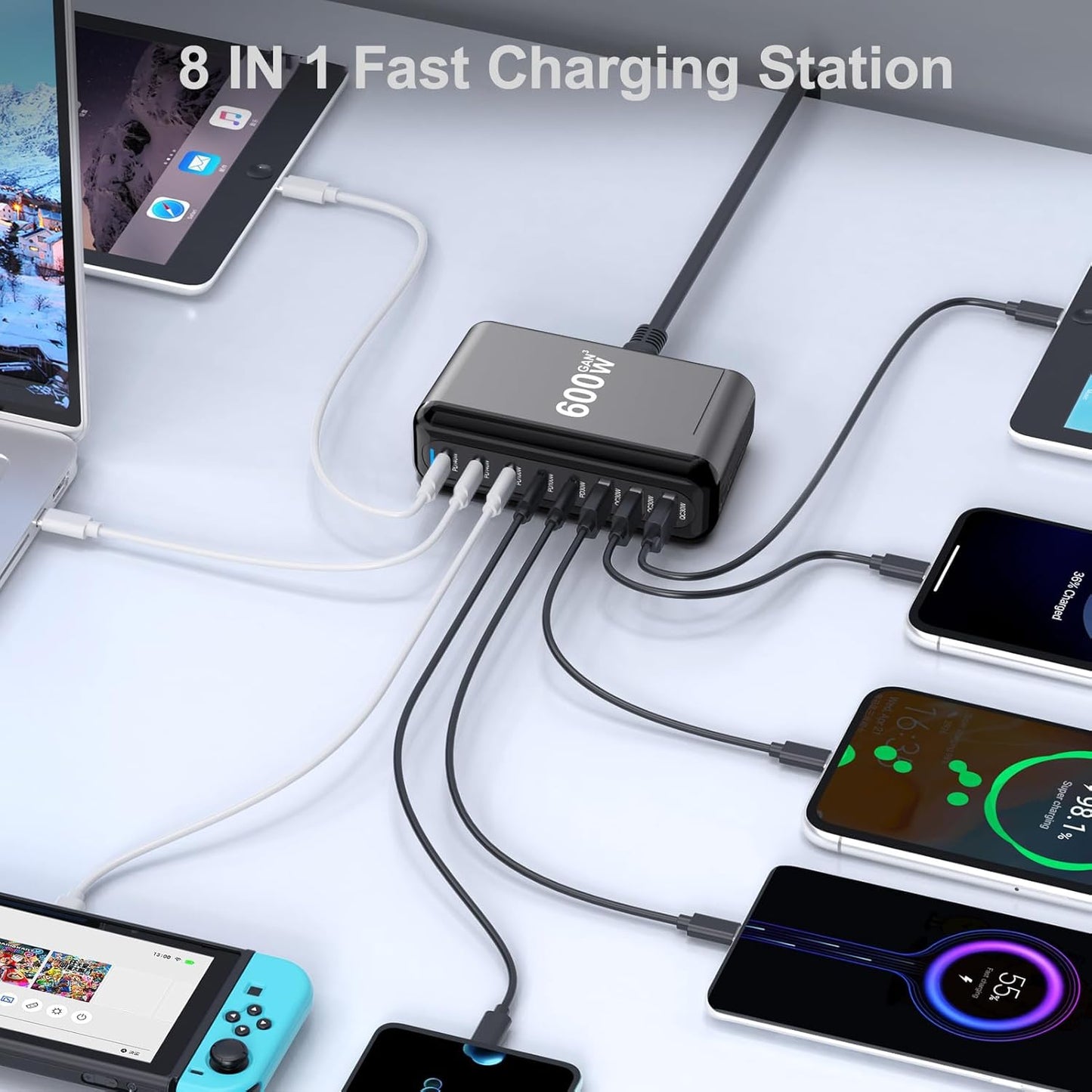 600W USB C Charger Block – GaN III 8-Port Fast Charging Station – PD 3.1 140W Laptop Charger – 2×140W + 2×100W USB-C – 3×USB-A - PuriLite