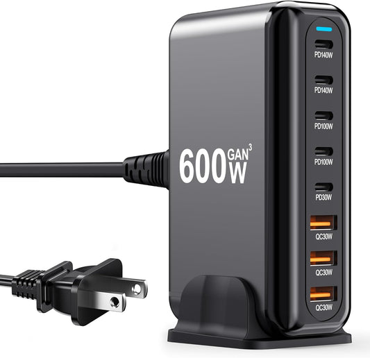 600W USB C Charger Block – GaN III 8-Port Fast Charging Station – PD 3.1 140W Laptop Charger – 2×140W + 2×100W USB-C – 3×USB-A - PuriLite