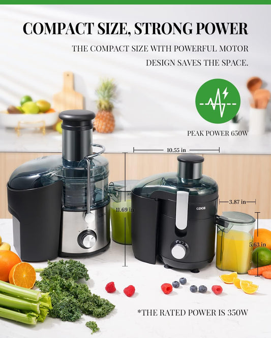 GDOR Juicer Machine, Electric Centrifugal Juicer with Titanium Enhanced Cut Disc, Dual Speeds with 2.5" Feed Chute, for Fruits and Veggies, Anti-Drip, Includes Cleaning Brush, BPA-Free - PuriLite