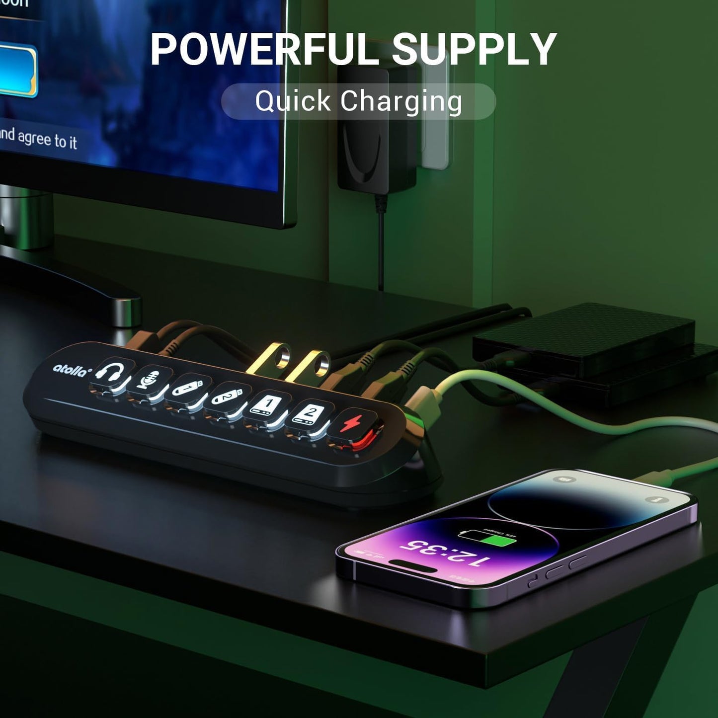 Powered USB Hub 7-Port USB 3.0 – Superspeed Data Hub with 6 USB 3.0 Ports + 18W Fast Charging Port – Illuminated Icon Switches – 12V/3A Power Adapter - PuriLite