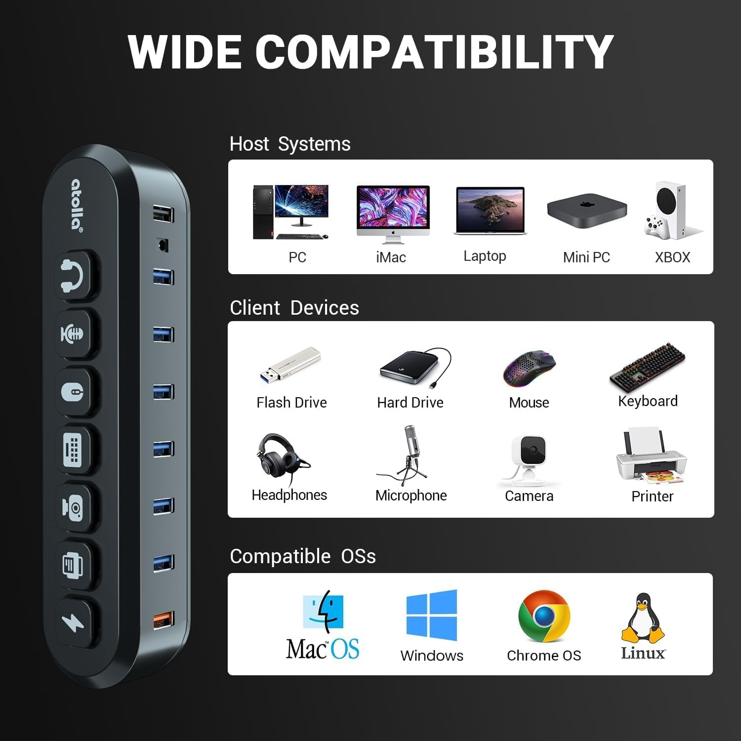Powered USB Hub 7-Port USB 3.0 – Superspeed Data Hub with 6 USB 3.0 Ports + 18W Fast Charging Port – Illuminated Icon Switches – 12V/3A Power Adapter - PuriLite