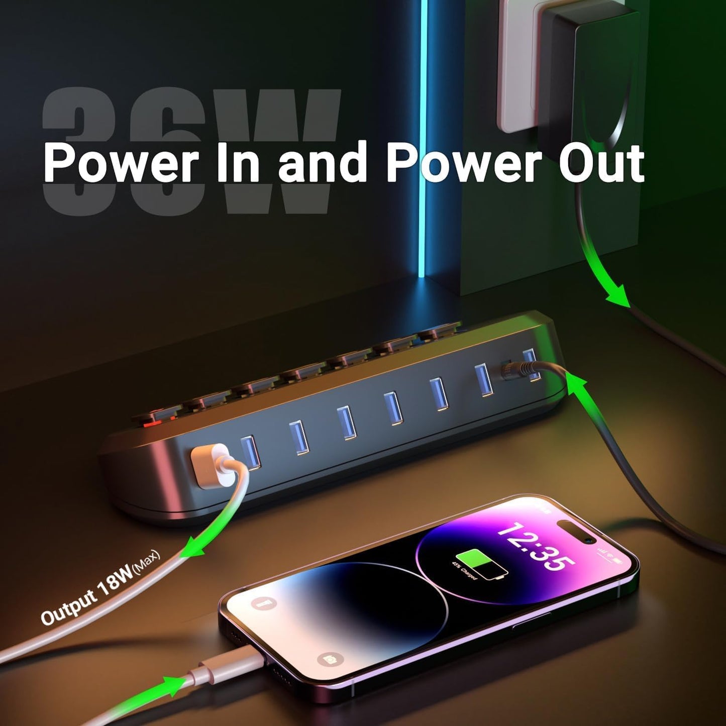 Powered USB Hub 7-Port USB 3.0 – Superspeed Data Hub with 6 USB 3.0 Ports + 18W Fast Charging Port – Illuminated Icon Switches – 12V/3A Power Adapter - PuriLite