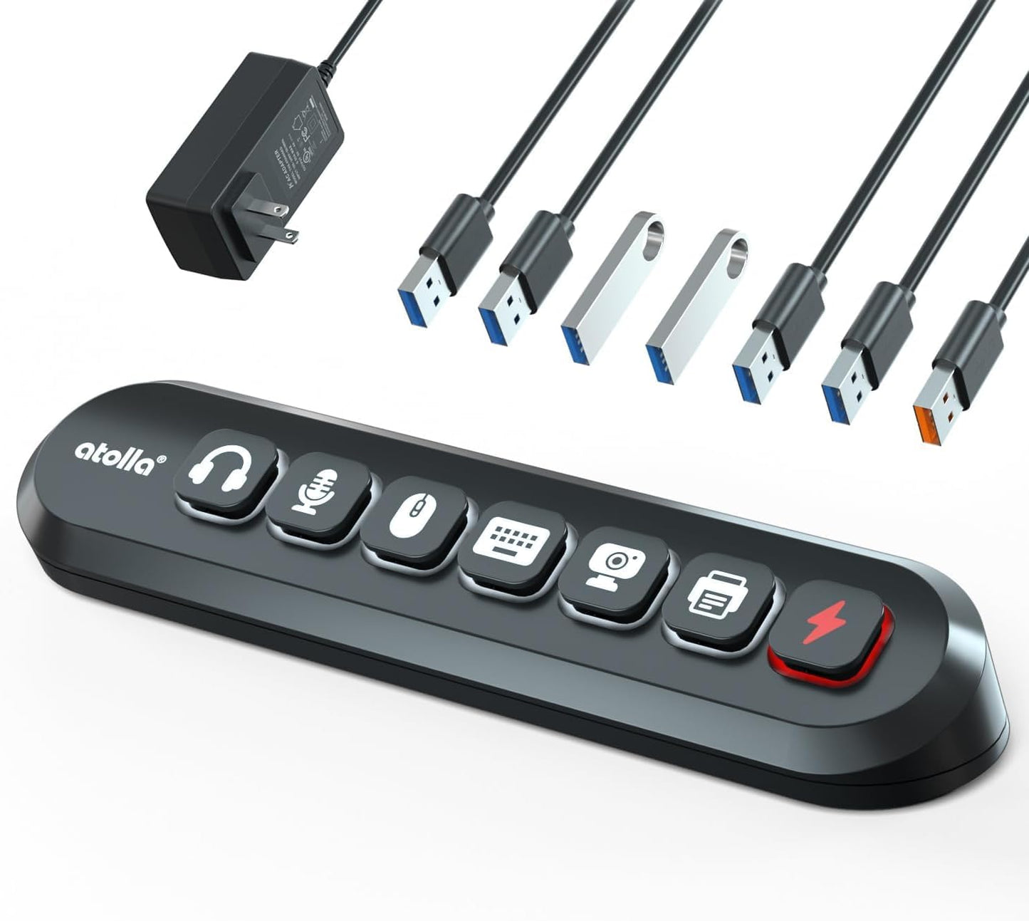 Powered USB Hub 7-Port USB 3.0 – Superspeed Data Hub with 6 USB 3.0 Ports + 18W Fast Charging Port – Illuminated Icon Switches – 12V/3A Power Adapter - PuriLite