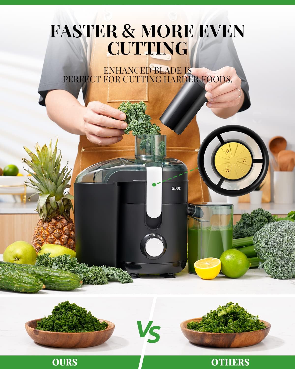 GDOR Juicer Machine, Electric Centrifugal Juicer with Titanium Enhanced Cut Disc, Dual Speeds with 2.5" Feed Chute, for Fruits and Veggies, Anti-Drip, Includes Cleaning Brush, BPA-Free