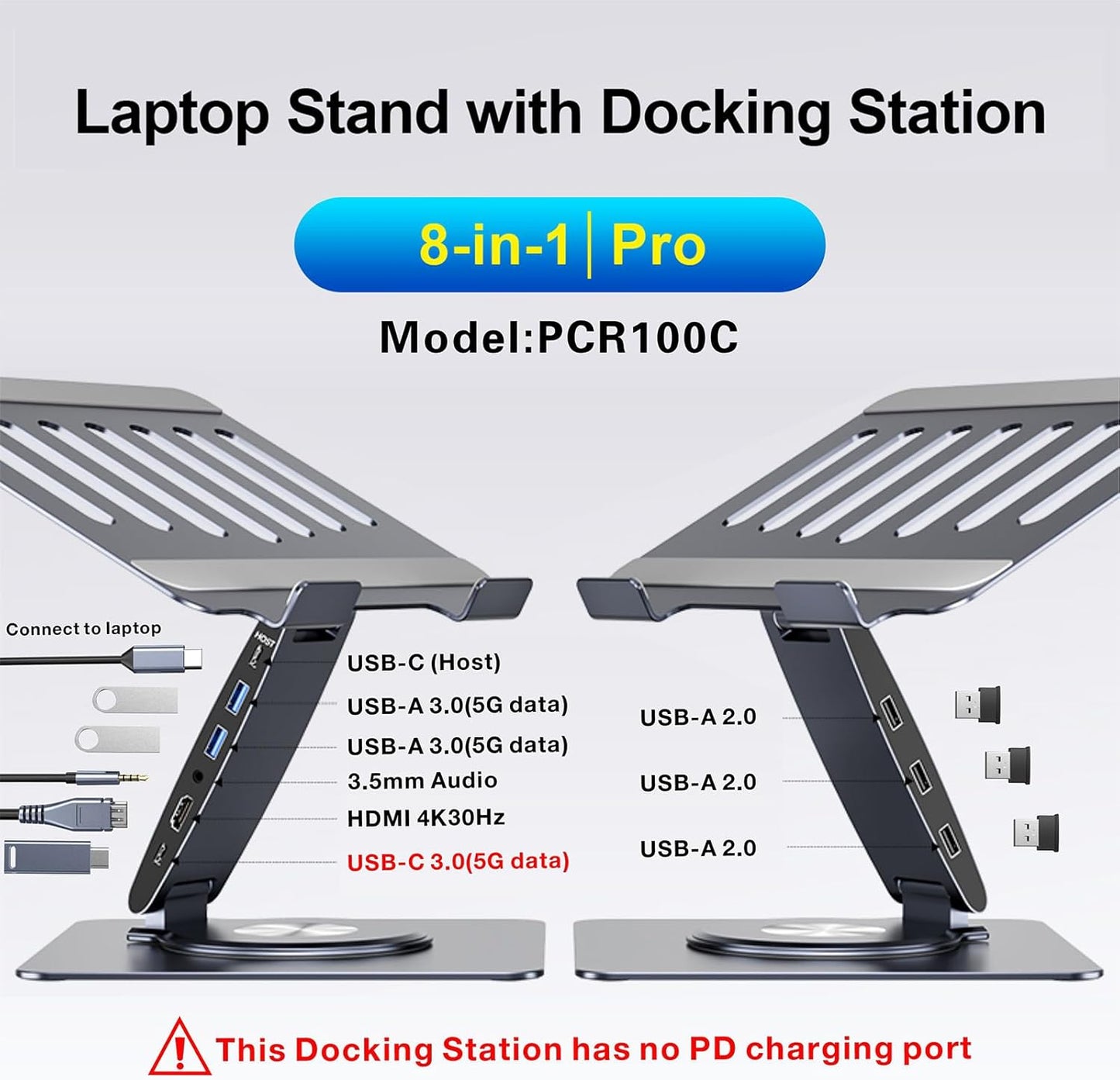 Laptop Docking Station Stand 8-in-1 – USB-C Hub with 4K HDMI Dual Display – 360° Swivel Aluminum Laptop Stand – USB 3.0 Data Ports – 3.5mm Audio Jack - PuriLite