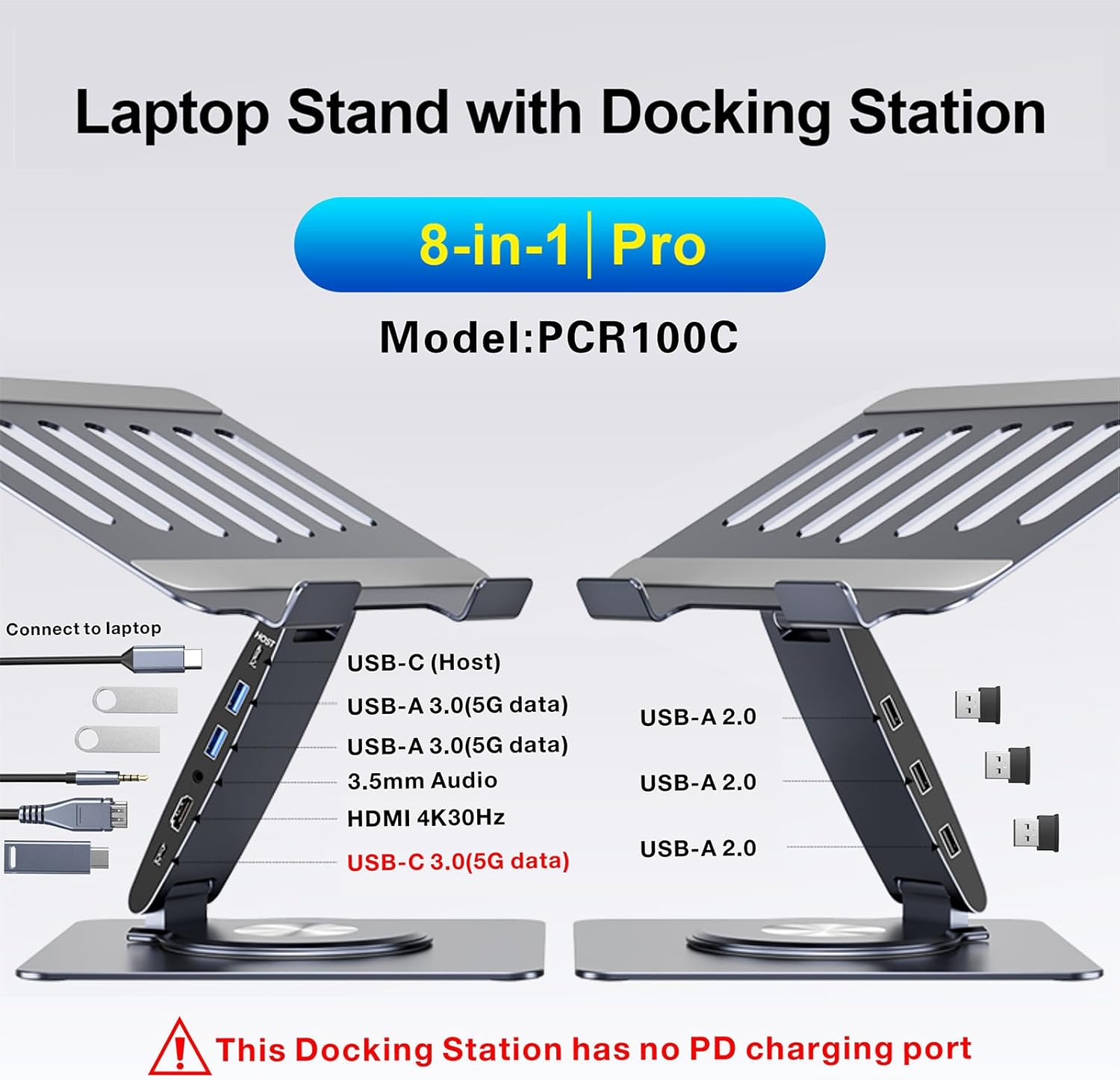 Laptop Docking Station Stand 8-in-1 – USB-C Hub with 4K HDMI Dual Display – 360° Swivel Aluminum Laptop Stand – USB 3.0 Data Ports – 3.5mm Audio Jack - PuriLite