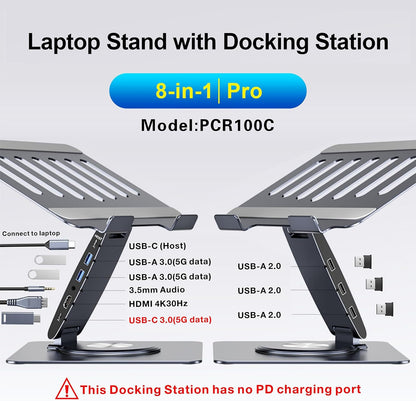 Laptop Docking Station Stand 8-in-1 – USB-C Hub with 4K HDMI Dual Display – 360° Swivel Aluminum Laptop Stand – USB 3.0 Data Ports – 3.5mm Audio Jack - PuriLite
