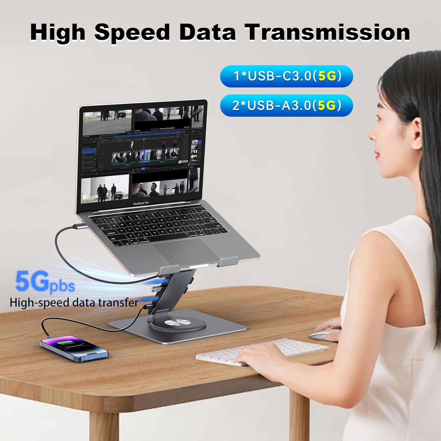 Laptop Docking Station Stand 8-in-1 – USB-C Hub with 4K HDMI Dual Display – 360° Swivel Aluminum Laptop Stand – USB 3.0 Data Ports – 3.5mm Audio Jack - PuriLite