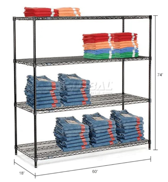 Nexel® 4 Shelf, Black Epoxy Wire Shelving Unit, Starter, 60"W x 18"D x 74"H - PuriLite