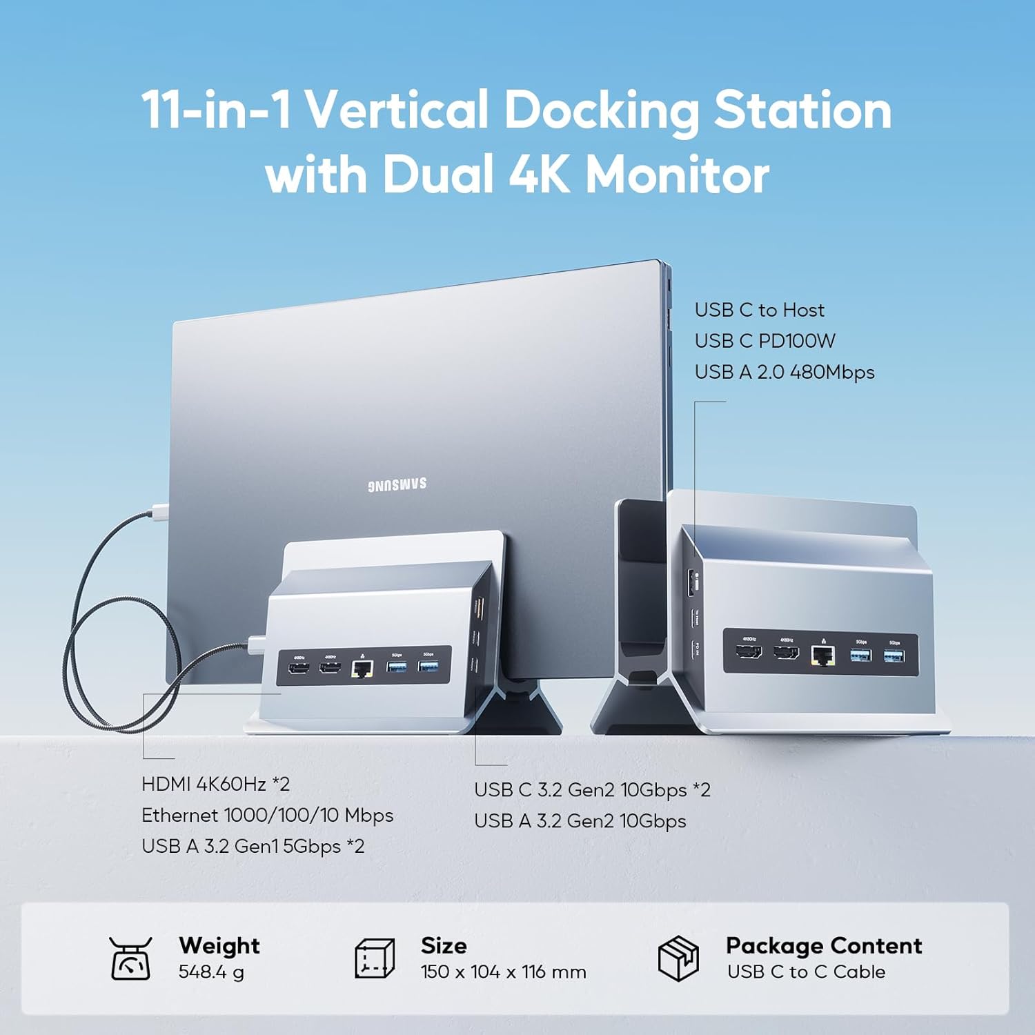 USB-C Laptop Docking Station Dual Monitor – 11-in-1 Vertical Dock Stand – Dual 4K HDMI – 10Gbps USB-C & USB-A – Gigabit Ethernet – PD 100W - PuriLite