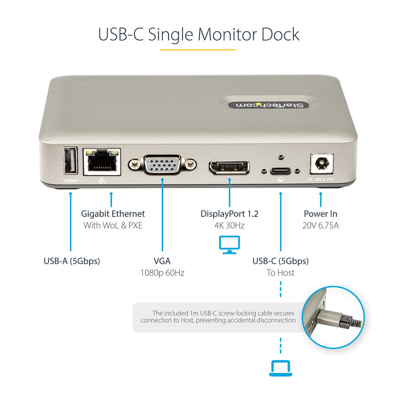 USB C Dock - USB-C to DisplayPort 4K 30Hz or VGA - 65W USB Power Delivery Charging - 4-Port USB 3.1 Gen 1 Hub - Universal USB-C Laptop Docking Station with Ethernet - TAA