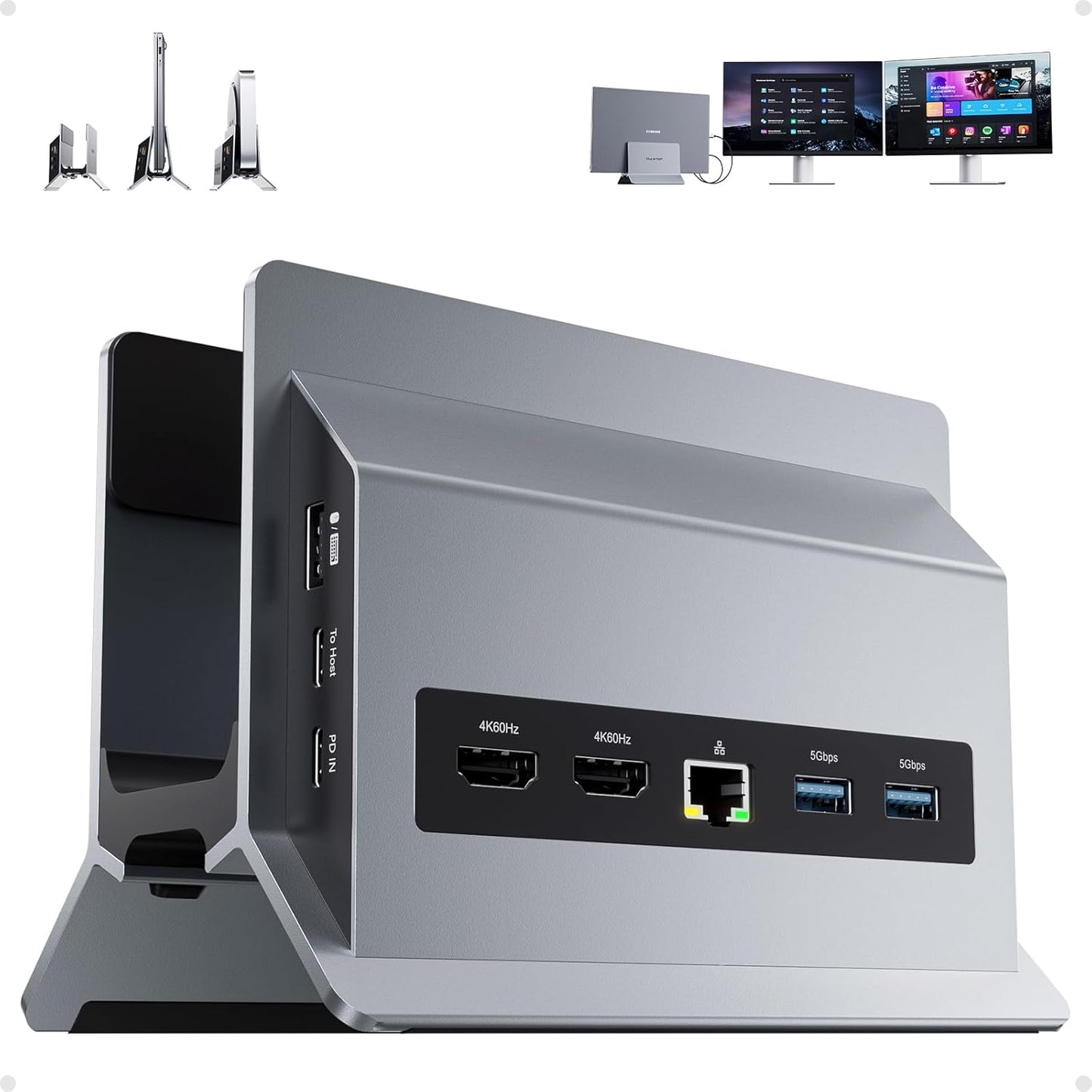 USB-C Laptop Docking Station Dual Monitor – 11-in-1 Vertical Dock Stand – Dual 4K HDMI – 10Gbps USB-C & USB-A – Gigabit Ethernet – PD 100W - PuriLite