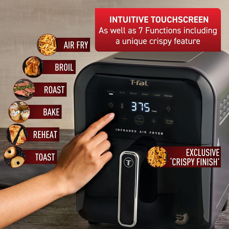 T-fal Infrared Air Fryer, Premium Infra-heat Technology, 7-in-1, 6L/ 6.3 QT, No-Preheating, Visible Window, 7 Cooking Programs with Extra Crispy Finish Program, Faster, Crispier, Juicier, Graphite