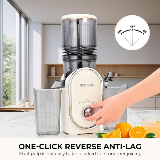 SUSTEAS Cold Press Juicer, 5.3" Feed Chute Slow Masticating Machines with 300W, Fit Whole Fruits & Vegetables, Easy to Clean, High Juice Yield, White