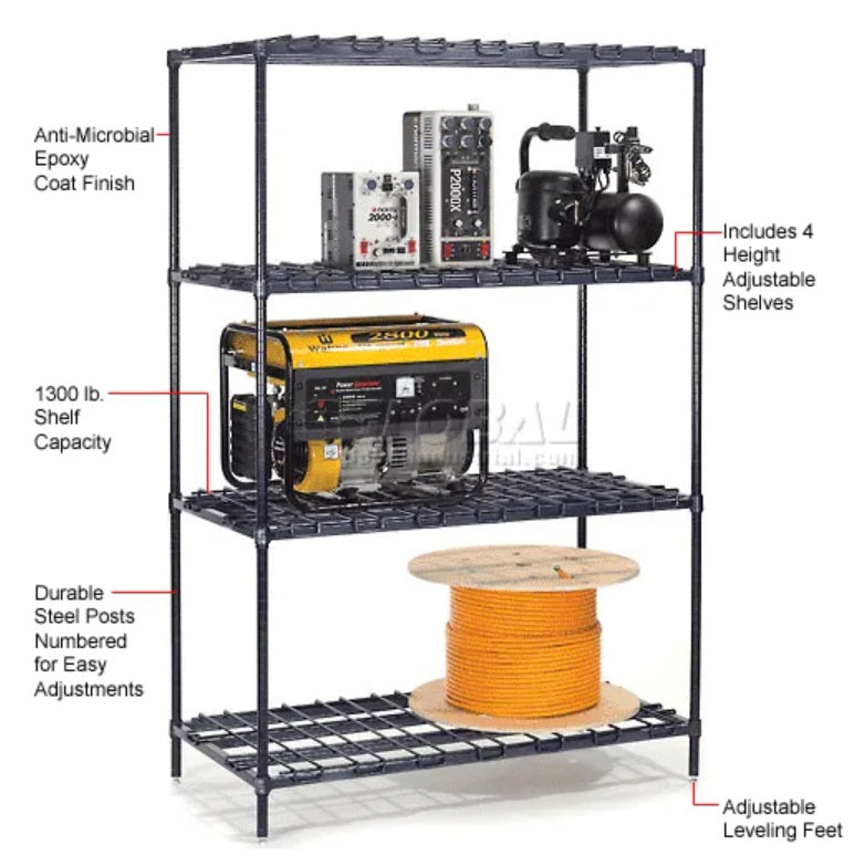 Nexel® 4 Shelf, Nexelon® Blue Heavy Duty Wire Shelving Unit, Starter, 48"W x 24"D x 63"H - PuriLite