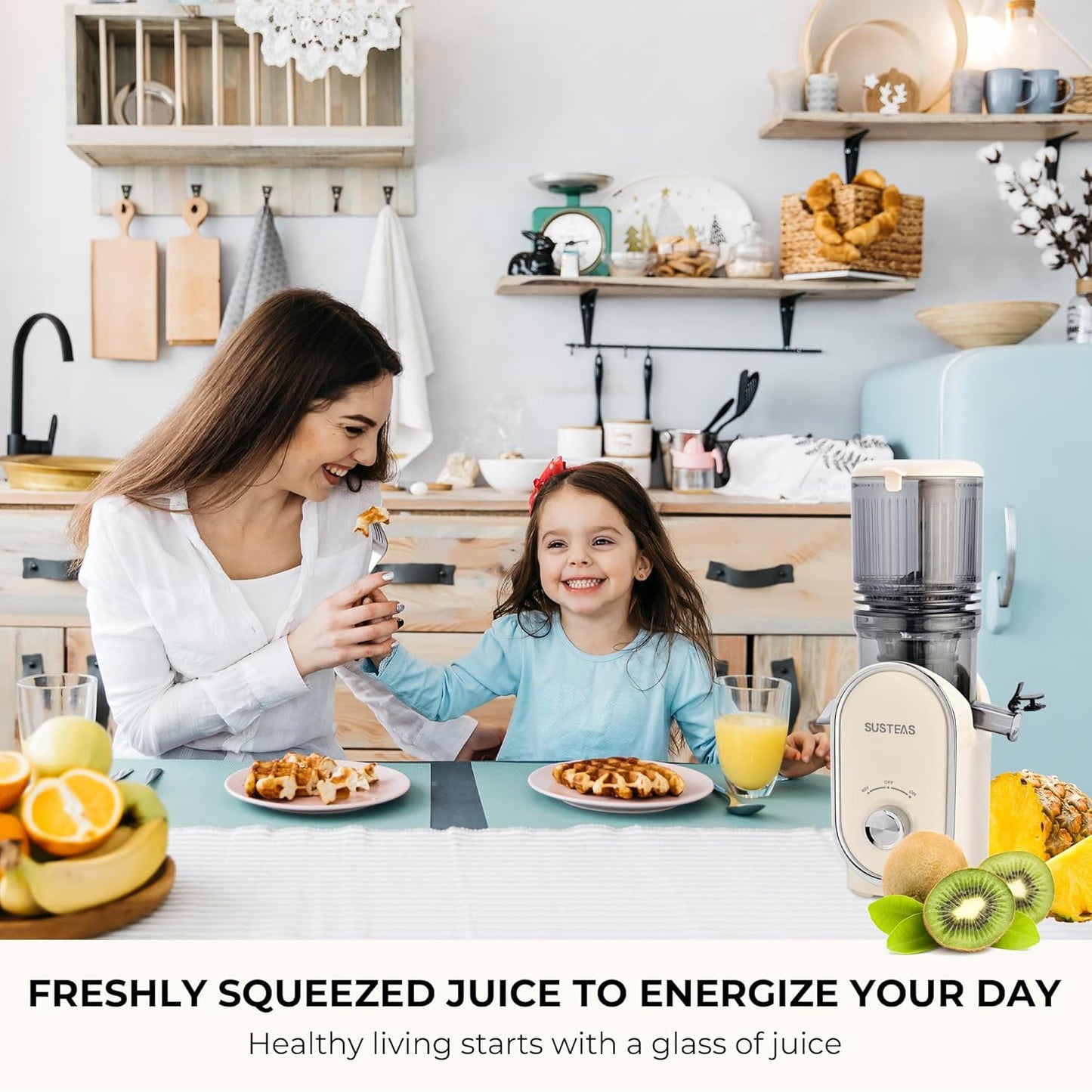 SUSTEAS Cold Press Juicer, 5.3" Feed Chute Slow Masticating Machines with 300W, Fit Whole Fruits & Vegetables, Easy to Clean, High Juice Yield, White