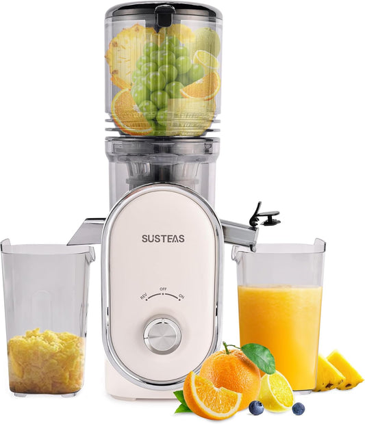 SUSTEAS Cold Press Juicer, 5.3" Feed Chute Slow Masticating Machines with 300W, Fit Whole Fruits & Vegetables, Easy to Clean, High Juice Yield, White