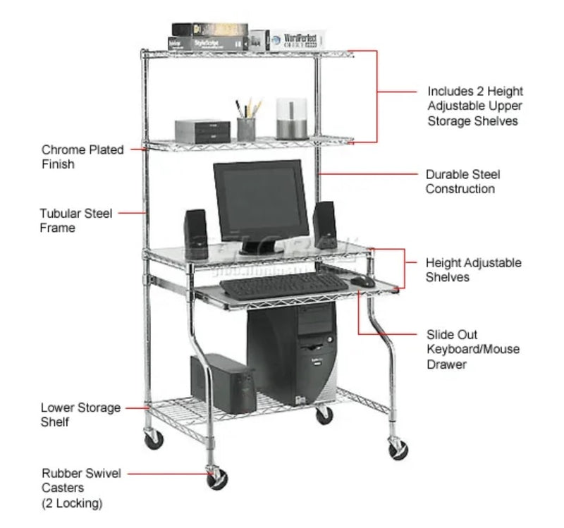 Global Industrial™ Chrome Wire Shelf Mobile Computer LAN Workstation, 31-1/2"W x 24"D x 63"H