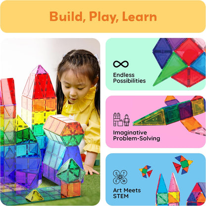 PicassoTiles Magnetic Tiles 60-Piece Set – STEM Montessori Building Blocks – Magnetic Construction Tiles – Sensory Learning Toy for Toddlers & Kids Ages 3+ - PuriLite