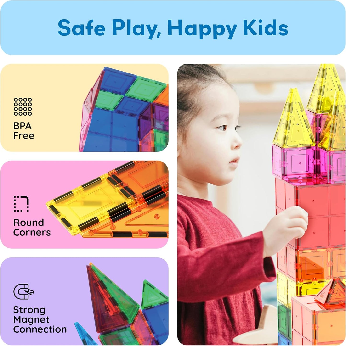 PicassoTiles Magnetic Tiles 60-Piece Set – STEM Montessori Building Blocks – Magnetic Construction Tiles – Sensory Learning Toy for Toddlers & Kids Ages 3+ - PuriLite
