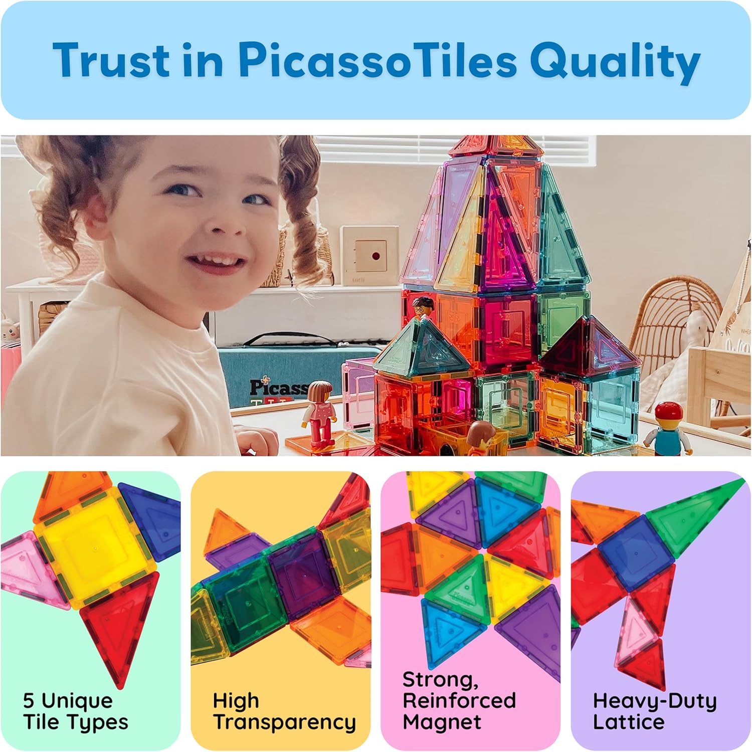 PicassoTiles Magnetic Tiles 60-Piece Set – STEM Montessori Building Blocks – Magnetic Construction Tiles – Sensory Learning Toy for Toddlers & Kids Ages 3+ - PuriLite