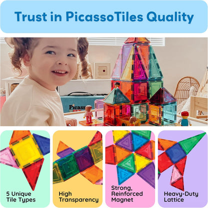 PicassoTiles Magnetic Tiles 60-Piece Set – STEM Montessori Building Blocks – Magnetic Construction Tiles – Sensory Learning Toy for Toddlers & Kids Ages 3+ - PuriLite