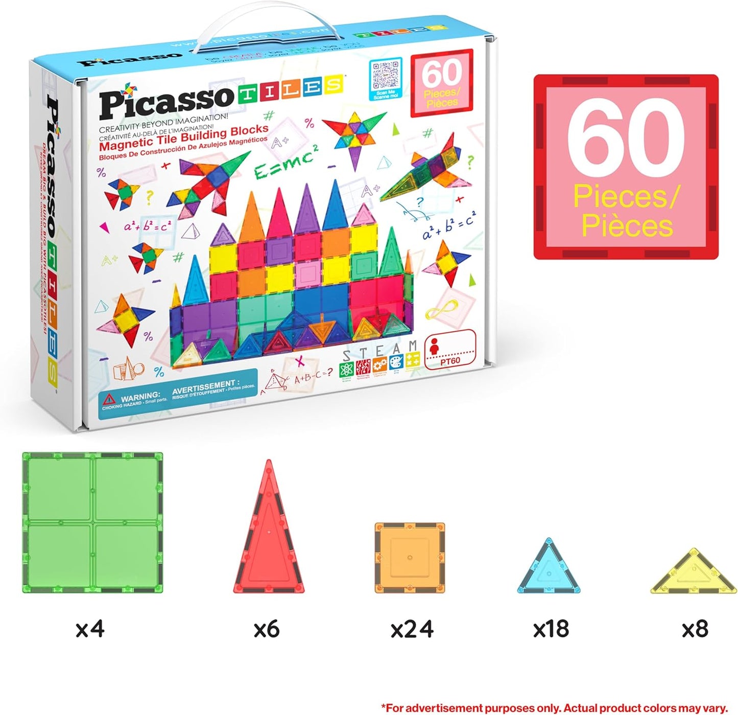 PicassoTiles Magnetic Tiles 60-Piece Set – STEM Montessori Building Blocks – Magnetic Construction Tiles – Sensory Learning Toy for Toddlers & Kids Ages 3+ - PuriLite