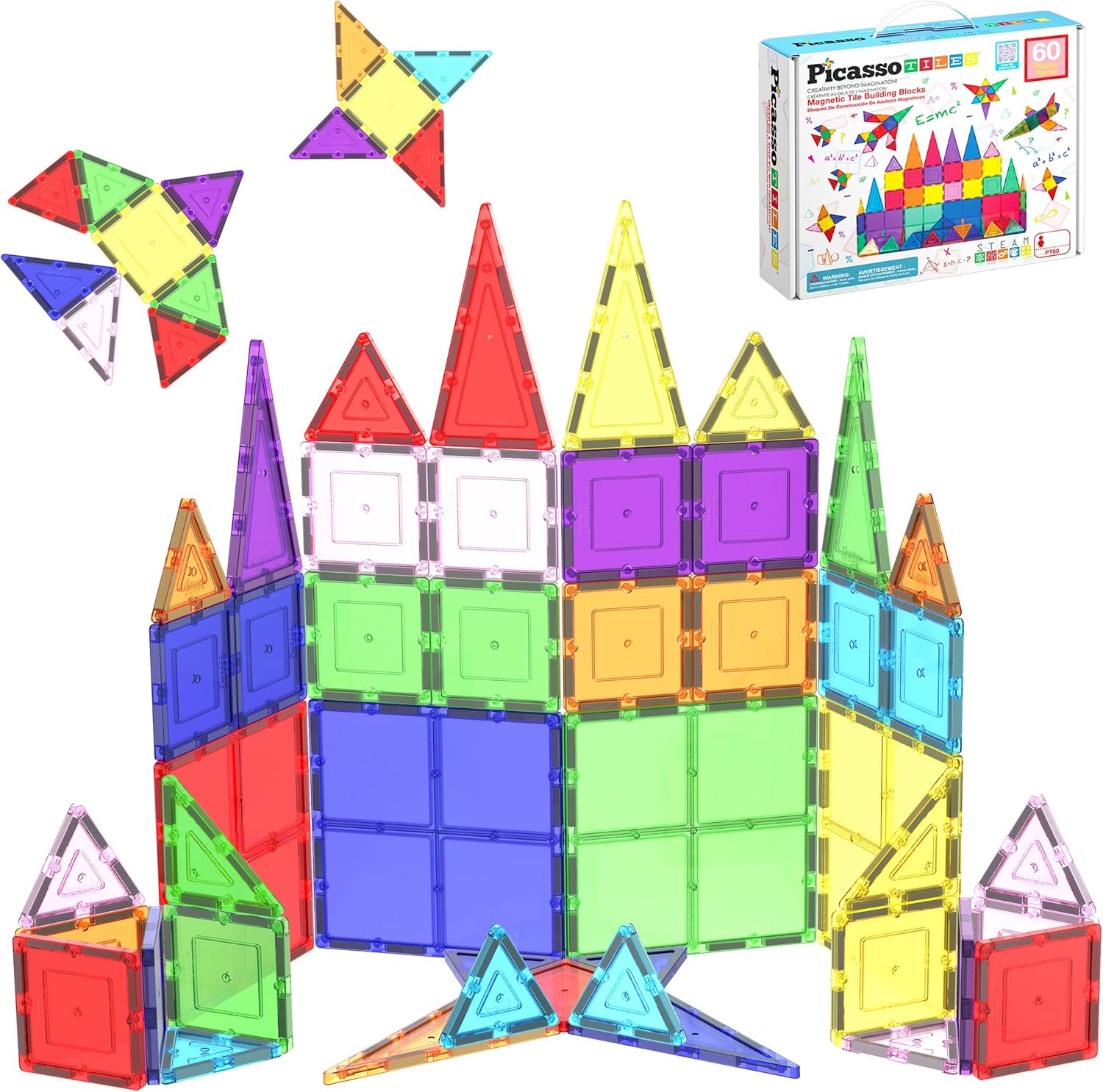 PicassoTiles Magnetic Tiles 60-Piece Set – STEM Montessori Building Blocks – Magnetic Construction Tiles – Sensory Learning Toy for Toddlers & Kids Ages 3+ - PuriLite