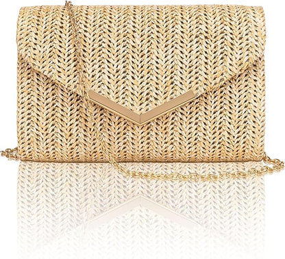 Larcenciel Straw Purse for Women, Summer Woven Beach Purse Trendy with Chain Strap, Boho Envelope Evening Clutch Handbag, Brown Crossbody Shoulder Party Bag for Wedding, Prom, Cocktail Night, Vacation