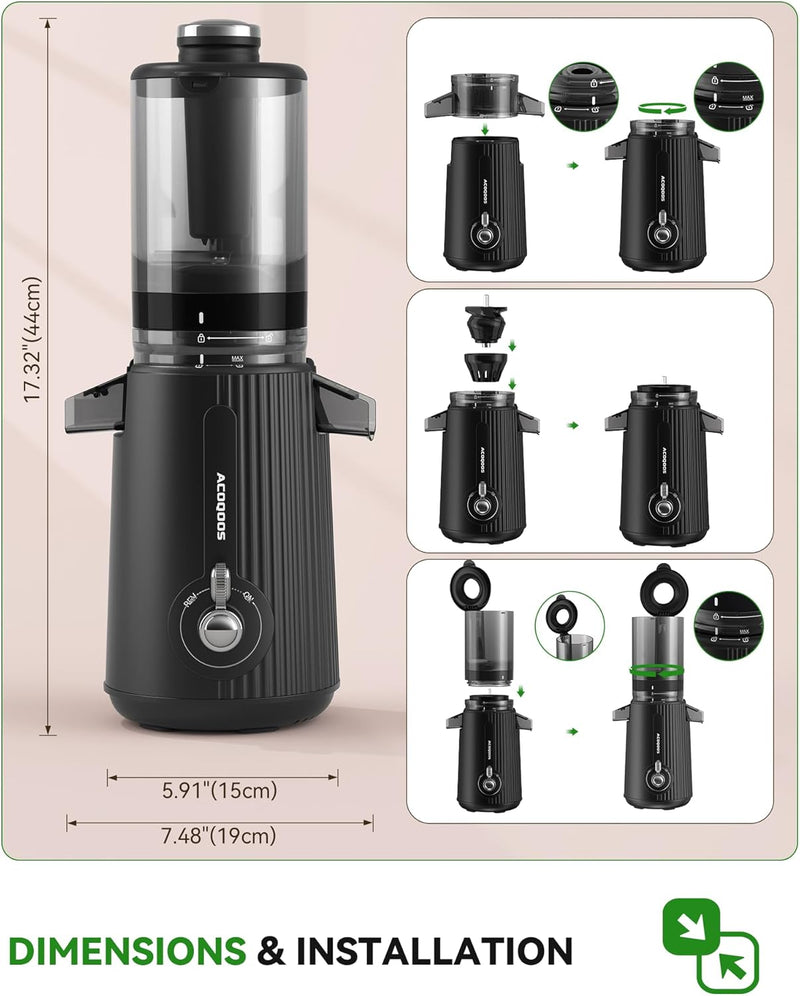 ACOQOOS Juicer Machines, Cold Press Juicer Whole Fruit and Vegetable with 4.3" Feeding Chute, Easy to Clean Juicers with 2 Cups, Masticating Juicer Black