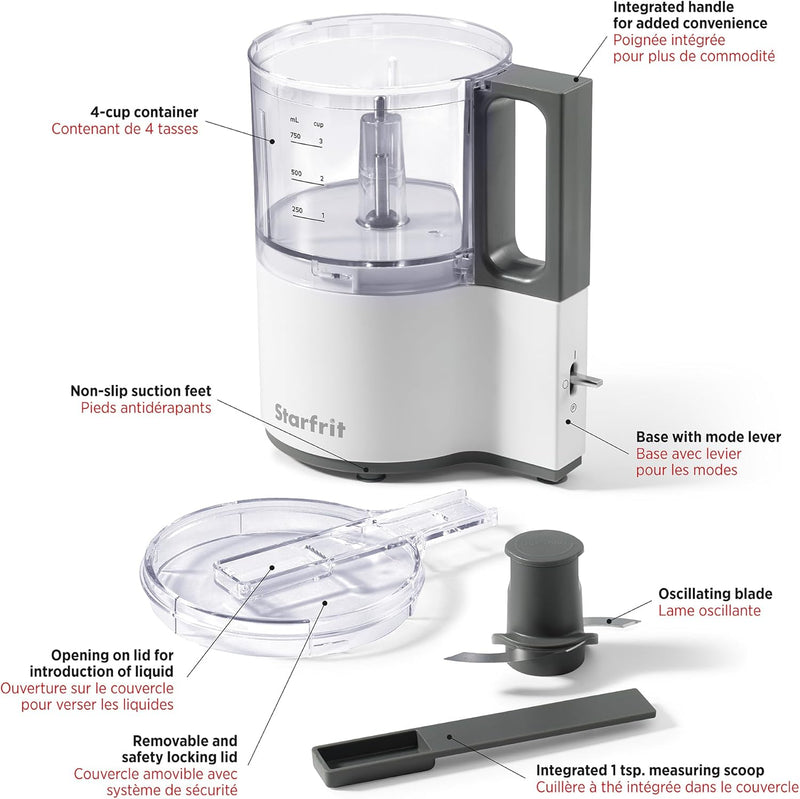 Starfrit Electric Oscillating Food Processor - 4 Cups - Measuring Spoon - High, Low & Pulse Modes - 300W