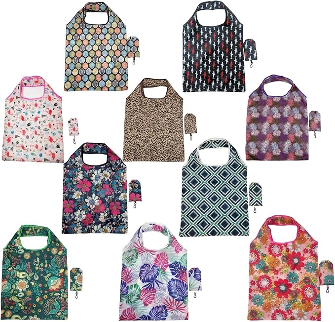 10 Pack Reusable Grocery Bags, Large 50LBS Foldable Reusable Grocery Nylon Shopping Tote Bags, Machine Washable Durable (Nylon colourful)