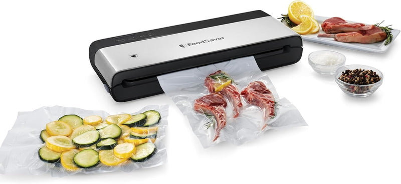 FoodSaver PowerVac Compact Vacuum Sealer Machine with Vertical Storage, 5 Vacuum Seal Bags & 1 Roll, Stainless Steel - VS0150