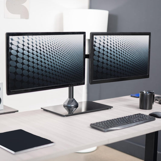 VIVO Freestanding Dual Monitor Stand with Sleek Glass Base and Adjustable Arms, Mounts 2 Screens up to 32 inch and 22 lbs Each, Black, STAND-V002FG - PuriLite