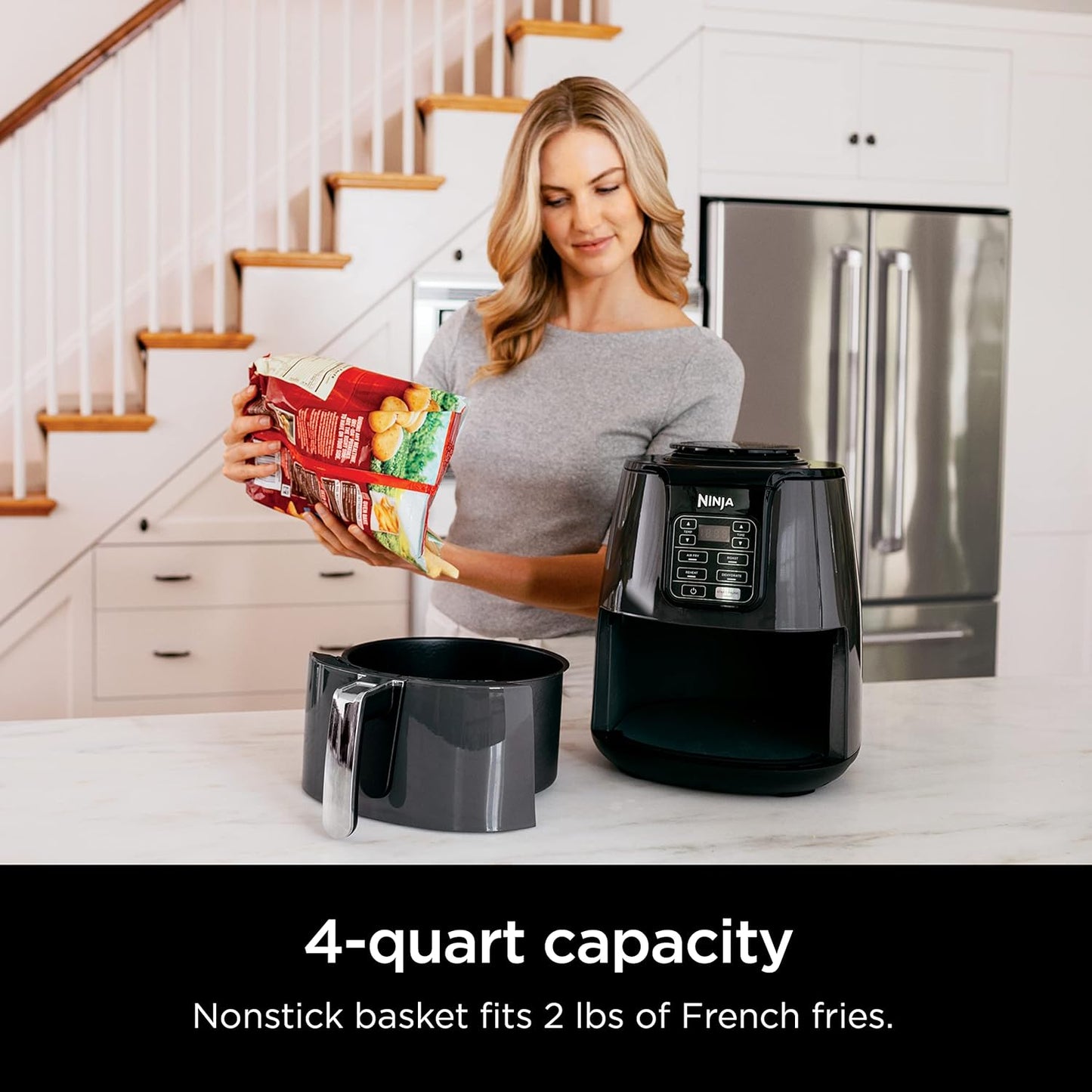 Ninja Air Fryer, 1550-Watt Programmable Base for Air Frying, Roasting, Reheating & Dehydrating with 4-Quart Ceramic Coated Basket (AF101), Black/Gray