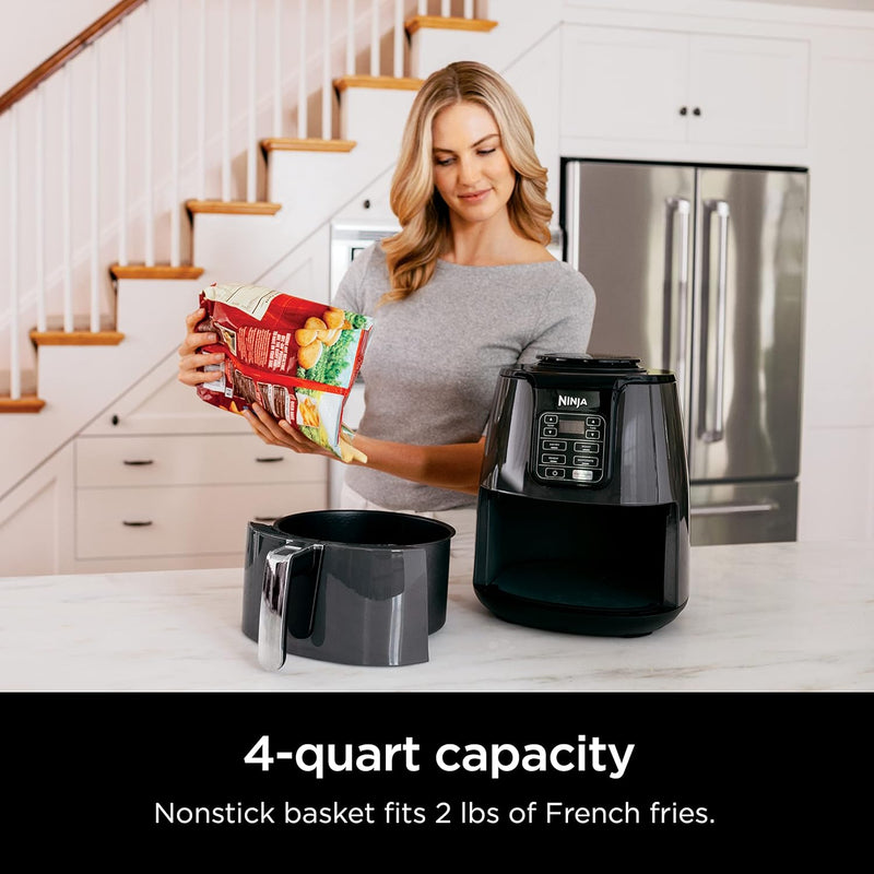Ninja Air Fryer, 1550-Watt Programmable Base for Air Frying, Roasting, Reheating & Dehydrating with 4-Quart Ceramic Coated Basket (AF101), Black/Gray
