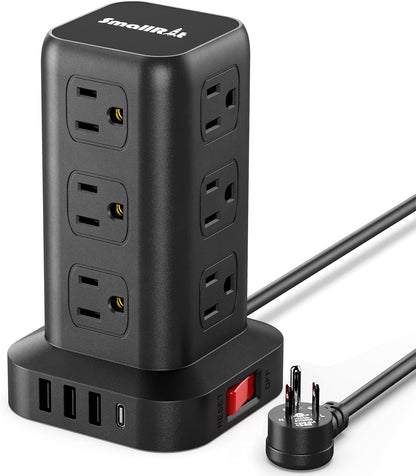 Tower Power Bars with Surge Protector（USB-C）, Surge Protector Power Bar with 12 Widely Outlets and 4 USB Ports, 6.5FT Extension Cord Indoor, Desk Charging Station for Dorm Home Office Accessories - PuriLite
