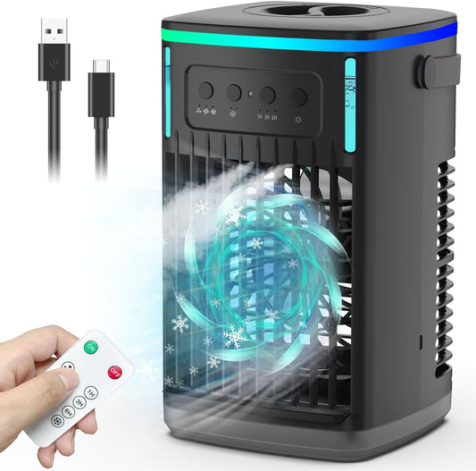 4 in 1 Portable Air Conditioners Fan with Remote,1500ml Water Tank, 3 Wind Speeds, 1-6H Timer, 2 Cool Mist, Personal AC Mini Air Conditioner for Room Bedroom Office Camping (Black)