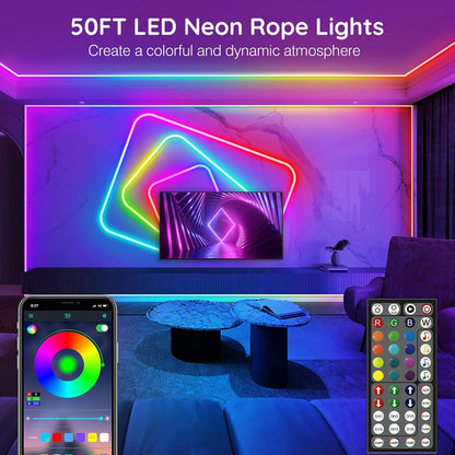 AILBTON Led Neon Rope Lights,Control with App/Remote,Flexible Led Rope Lights,Multiple Modes,IP65 Outdoor RGB Neon Lights Waterproof,Music Sync Gaming Led Neon Strip Lights for Bedroom 50FT Led Neon