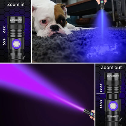 DARKBEAM UV Flashlight 365nm & 395nm Blacklight Rechargeable USB, Wood’s Lamp Ultraviolet Black Light LED Portable with Clip - Detector for Pet Cat Urine, Stains, Resin Curing, Uranium Glass, 2 Pack