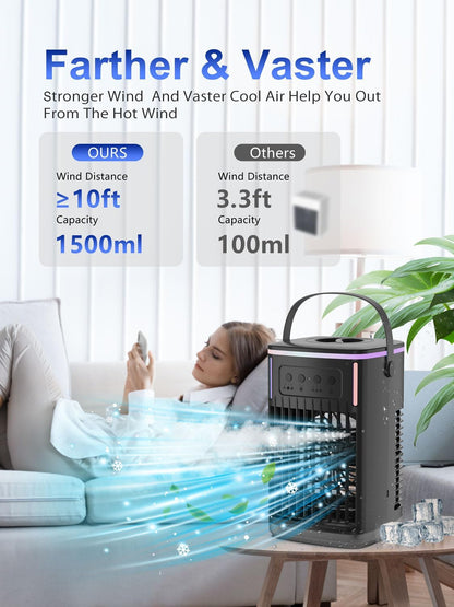 4 in 1 Portable Air Conditioners Fan with Remote,1500ml Water Tank, 3 Wind Speeds, 1-6H Timer, 2 Cool Mist, Personal AC Mini Air Conditioner for Room Bedroom Office Camping (Black)