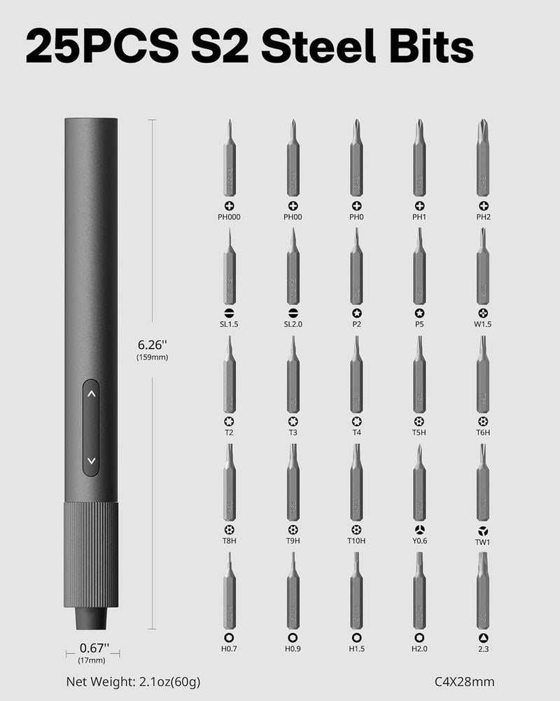 HOTO Electric Precision Screwdriver, 25-in-1 Rechargeable Screwdriver Set, Cordless Mini Power Screwdriver with S2-Steel Bits, 1-Gear, Ideal for Phone/Glasses/Watches/Laptop