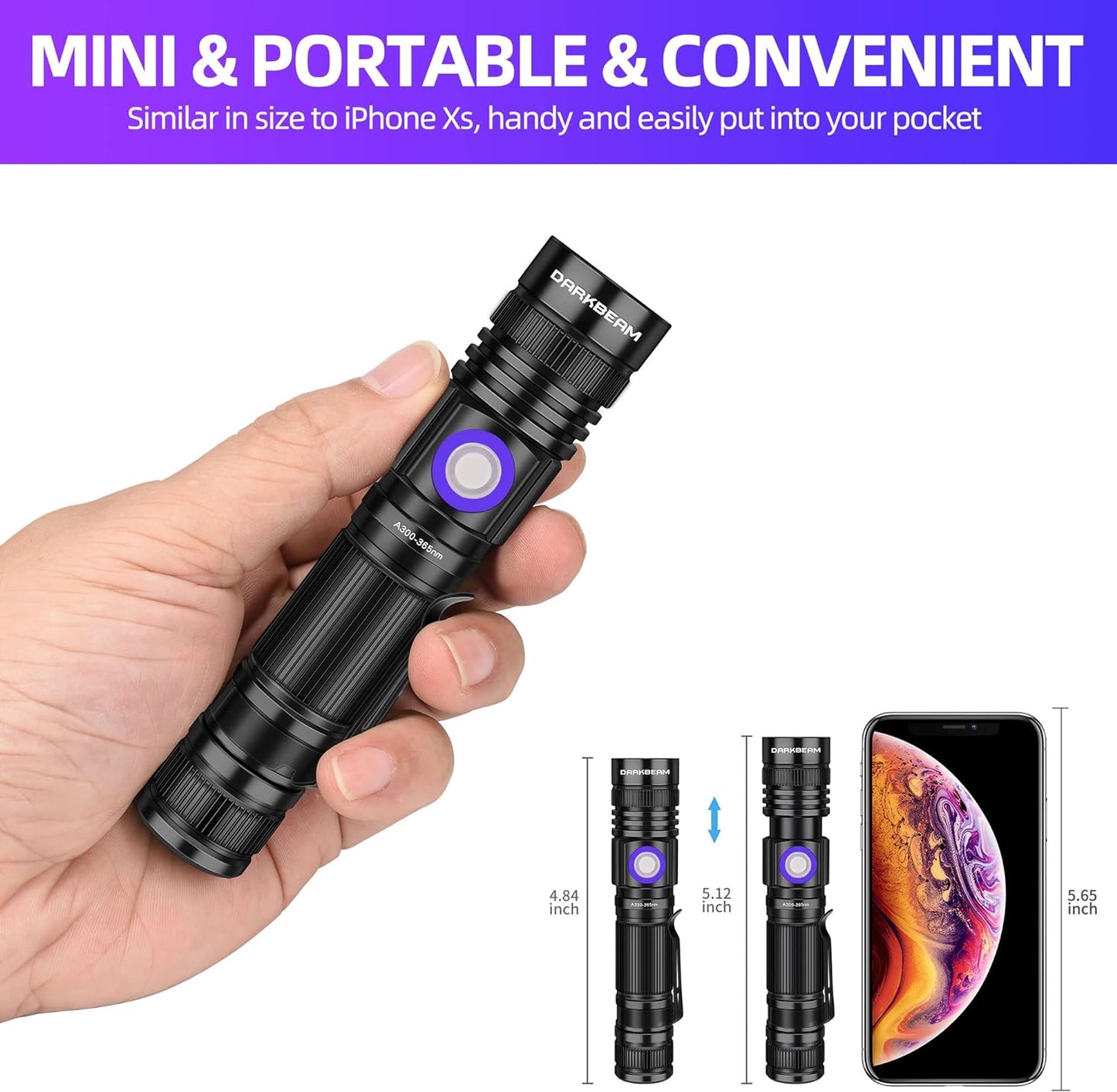 DARKBEAM UV Flashlight 365nm & 395nm Blacklight Rechargeable USB, Wood’s Lamp Ultraviolet Black Light LED Portable with Clip - Detector for Pet Cat Urine, Stains, Resin Curing, Uranium Glass, 2 Pack