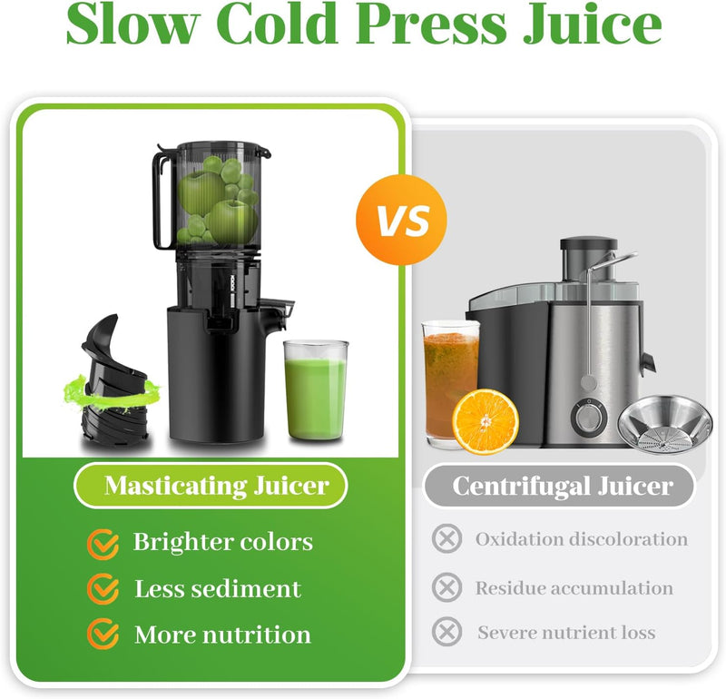 Masticating Juicer, 350W Slow Cold Press Juicer with 5.3" Larger Feed Chute, Pure Juicer Machines for Whole Vegetables & Fruits, Easy to Clean with Brush