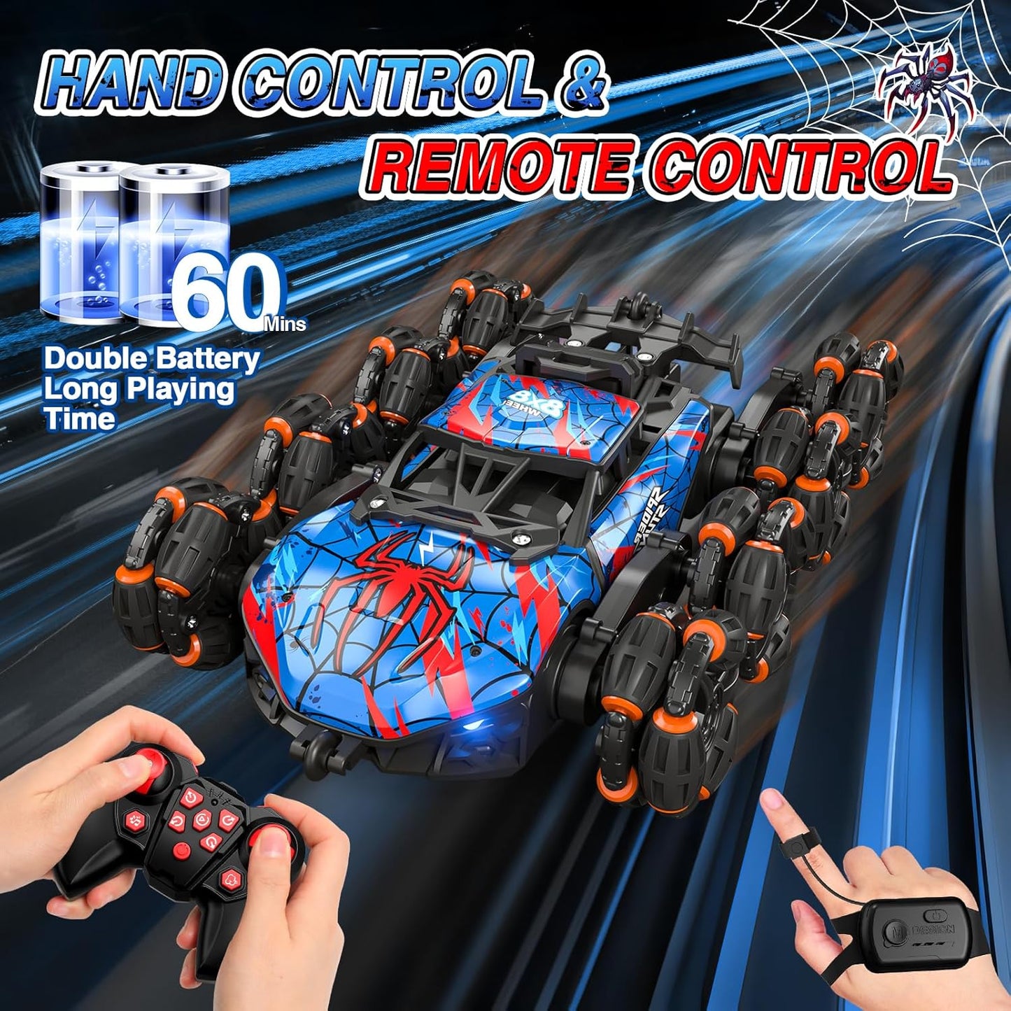 8WD Gesture Sensing RC Stunt Car – Spider Hand Controlled Remote Control Car – Double-Sided Climbing Drift Toy with Spray Lights Music – 2.4GHz Off-Road RC Car for Kids Ages 6–13 - PuriLite