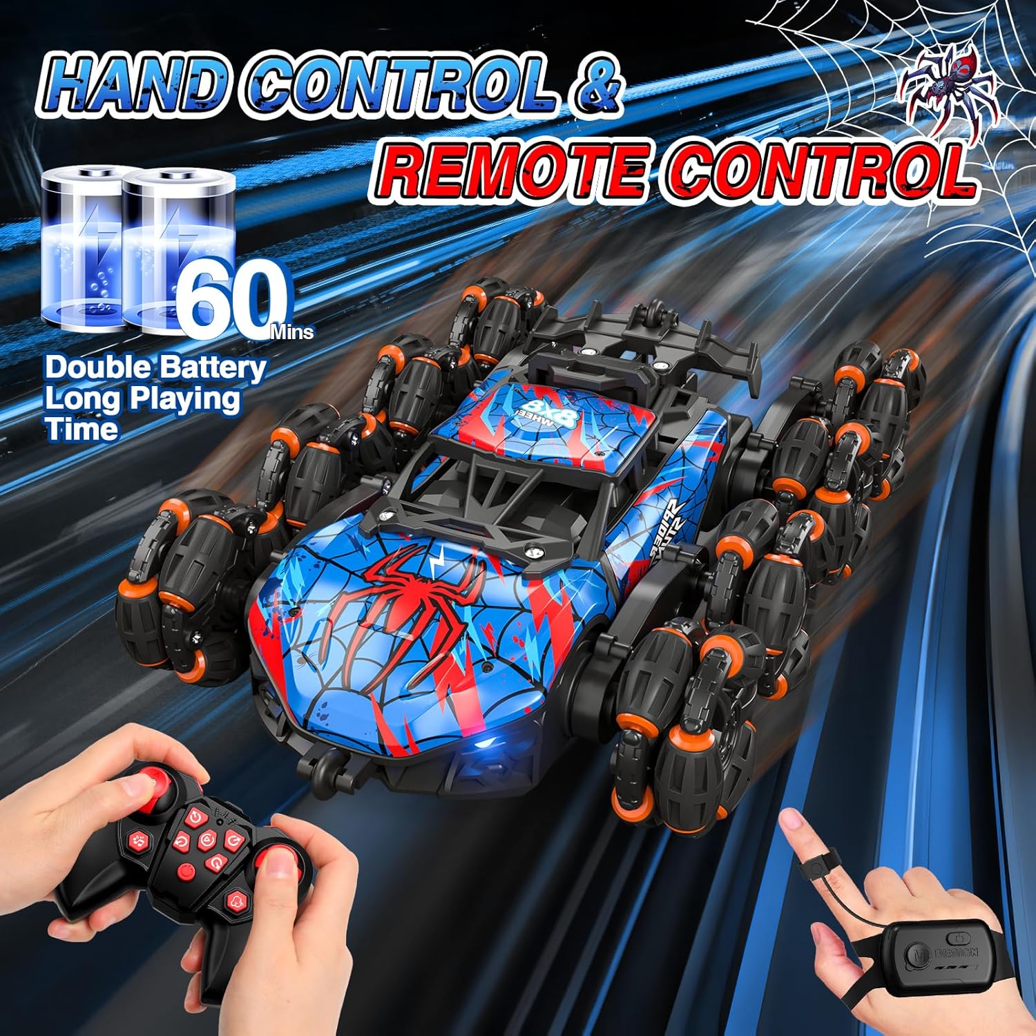 8WD Gesture Sensing RC Stunt Car – Spider Hand Controlled Remote Control Car – Double-Sided Climbing Drift Toy with Spray Lights Music – 2.4GHz Off-Road RC Car for Kids Ages 6–13 - PuriLite