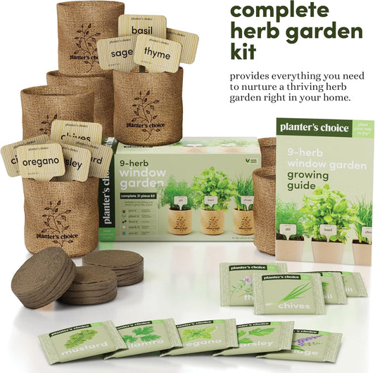 9 Herb Indoor Window Garden Kit - House Plants Seeds - Best Unique Gift Ideas for Women, Mom, Friend, Her, Birthday, Housewarming, Mother - New Home Kitchen Gifts - Live Plant Starter (Burlap Pots) - PuriLite